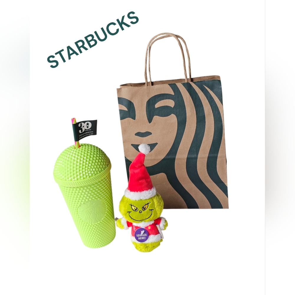 Starbucks 30th Anniversary Neon Green Studded Tumbler & Light up heart Grinch